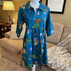 Verandah Teal Floral Short Sleeve Cotton Dress Size L